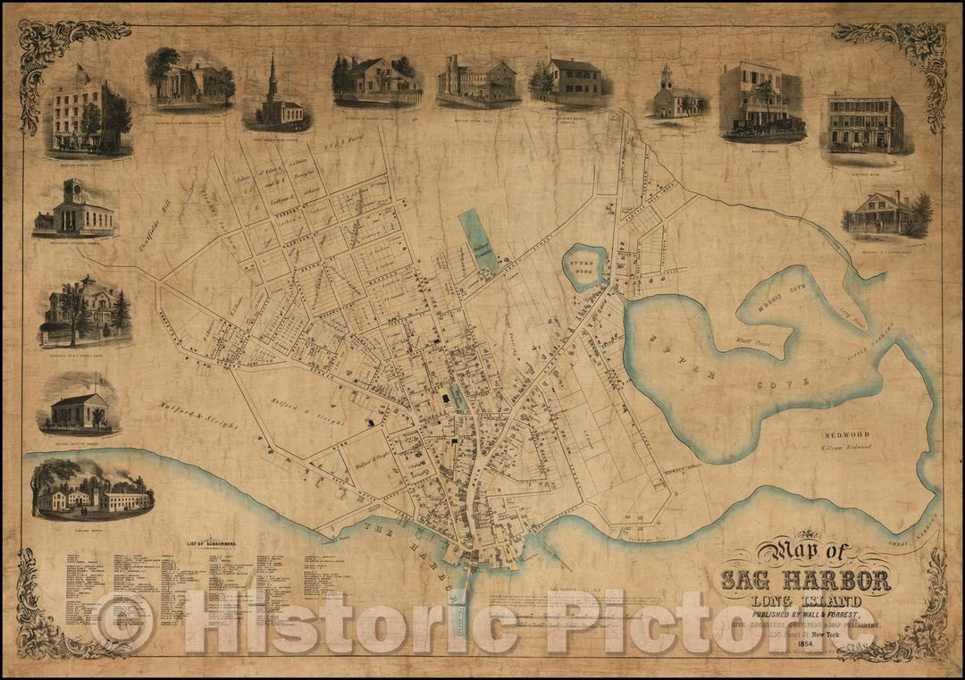 Historic Map - Map of Sag Harbor Long Island, 1854, Wall & Forrest - Vintage Wall Art