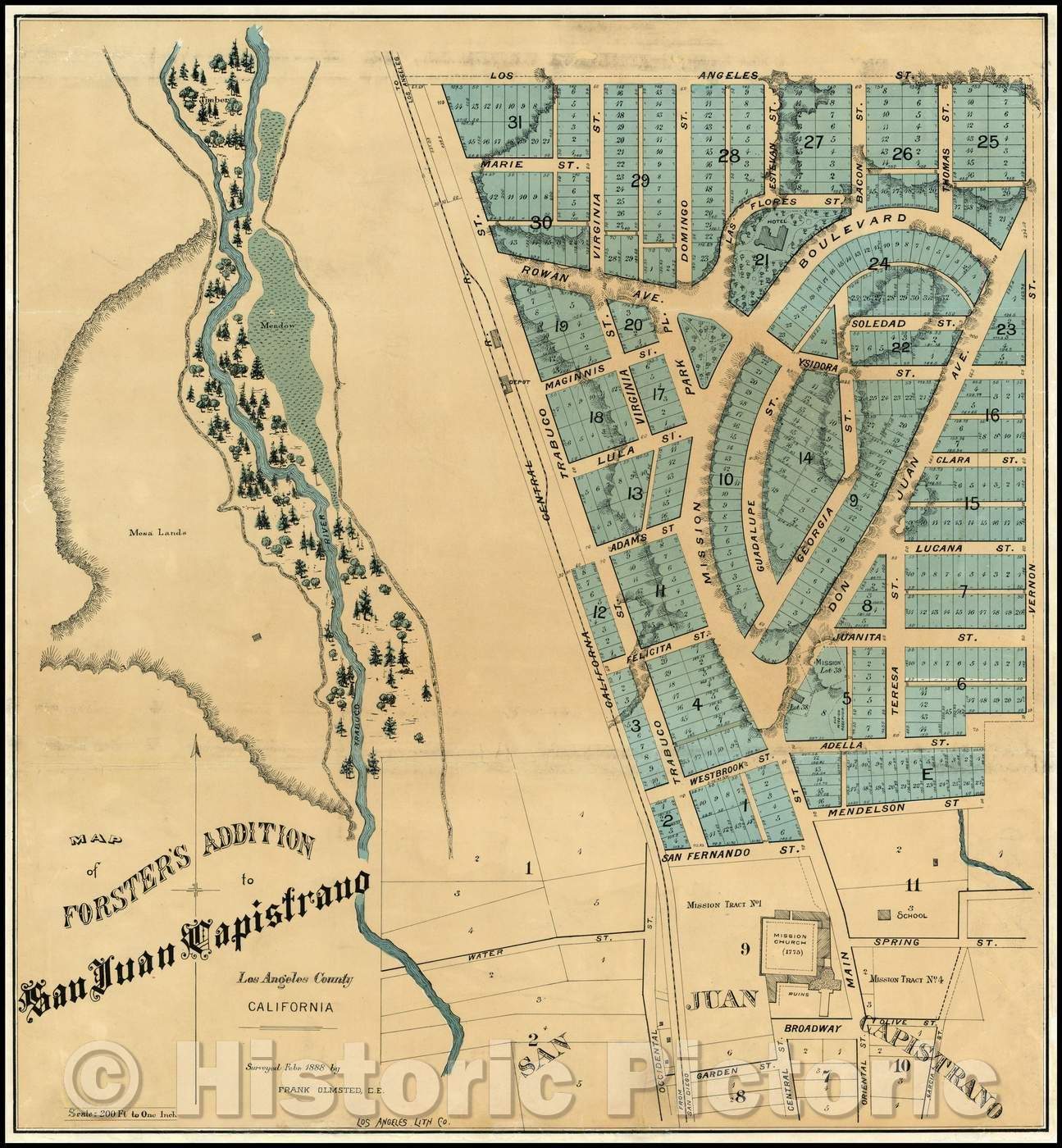 Historic Map - Map of Forster's Addition to San Juan Capistrano. Los Angeles County California. Surveyed Febr, 1888, Los Angeles Lithographic Co. - Vintage Wall Art