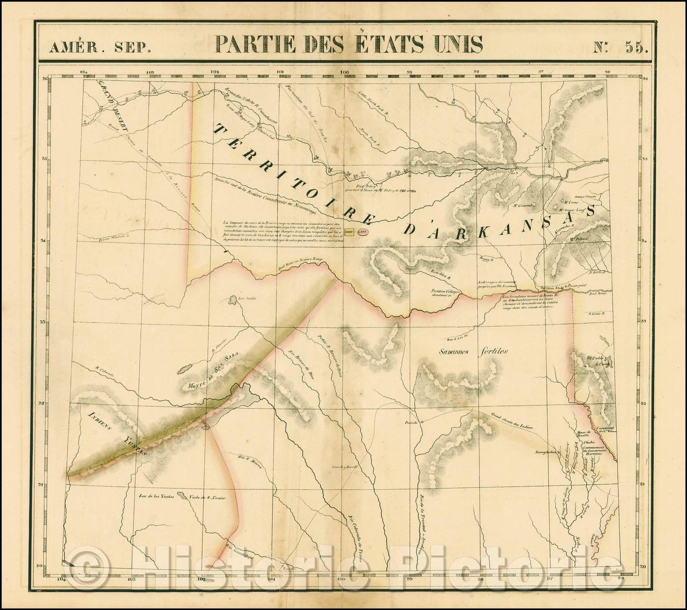 Historic Map - Amer. Sep. No. 55. Partie Des Etats-Unis [Texas & Oklahoma] / Second edition of Vandermaelen's Map of Eastern Texas and Oklahoma, 1825 - Vintage Wall Art