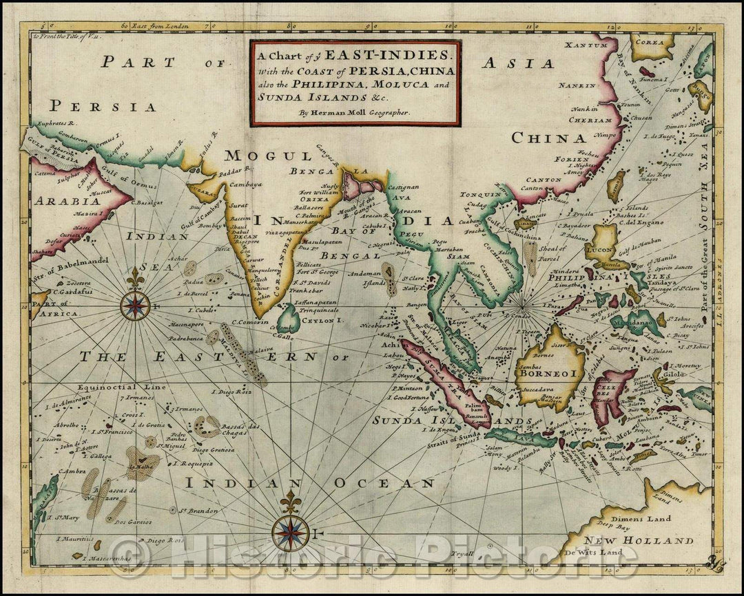 Historic Map - A Chart of ye East-Indies. With the Coast of Persia, China also the Philipina, Moluca and Sunda Islands, 1745, Herman Moll v1