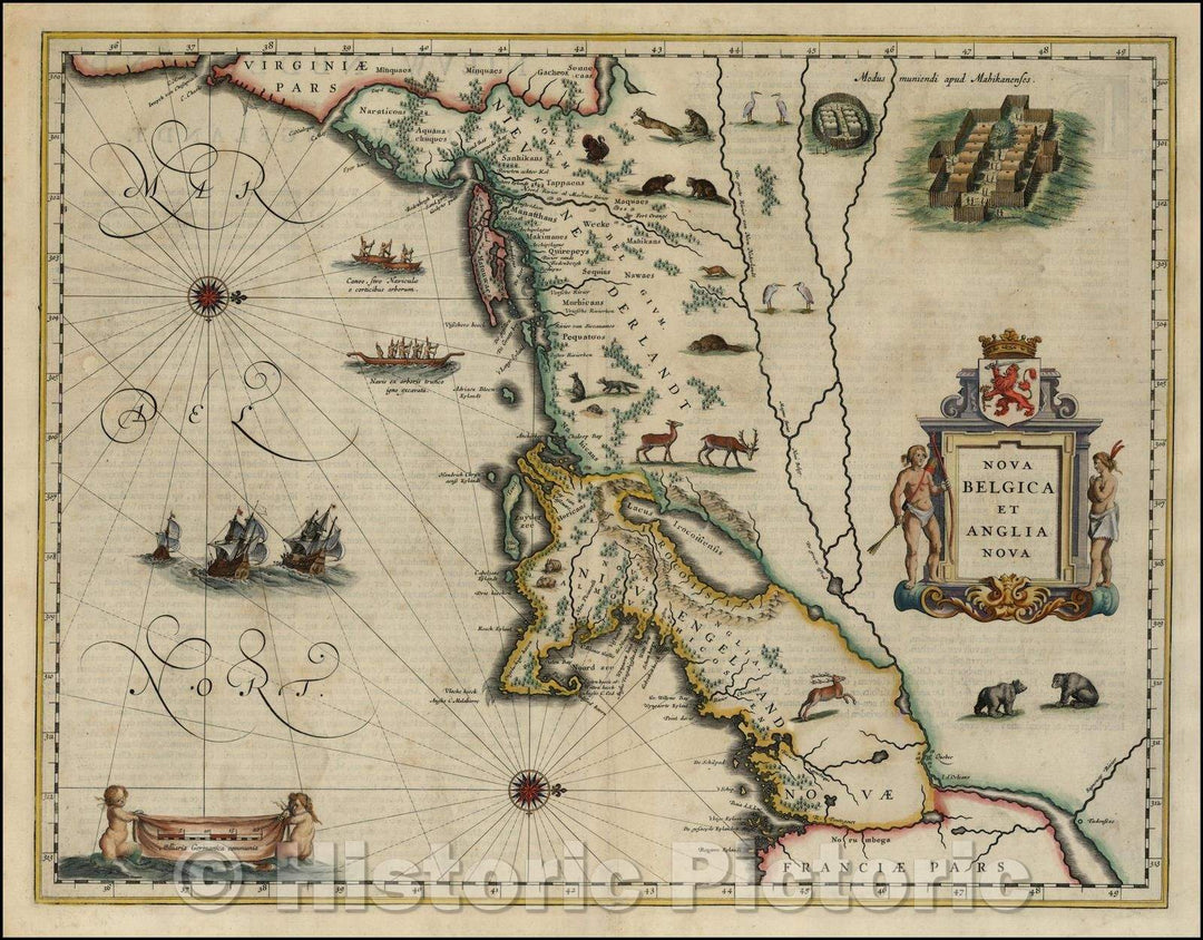 Historic Map - Nova Belgica Et Anglia Nova [Unrecorded 1st Edition!] / Blaeu's Map of New England and the Northeast, 1635, Willem Janszoon Blaeu - Vintage Wall Art