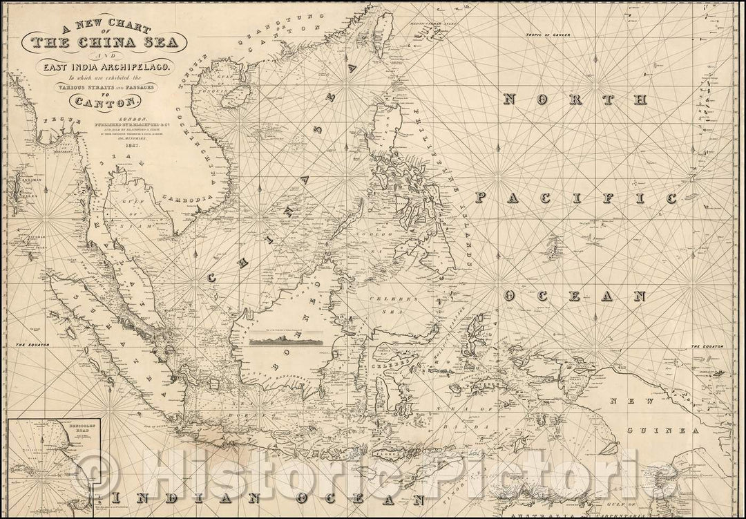 Historic Map - A New Chart of the China Sea and East India Archipelago. In which are exhibited the Various Straits and Passages to Canton, 1847 - Vintage Wall Art