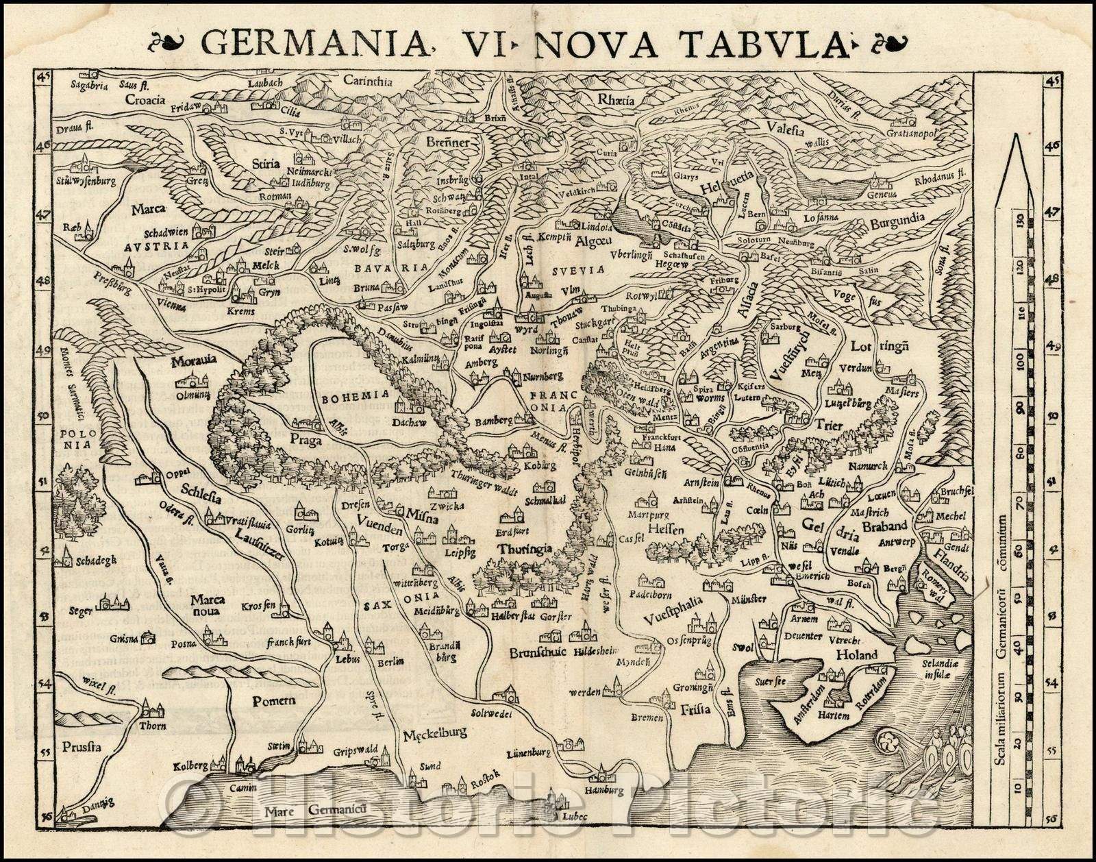 Historic Map - Germania VI Nova Tabula/Map of German Europe, with South oriented at the top of the Map, 1542, Sebastian M?nster - Vintage Wall Art