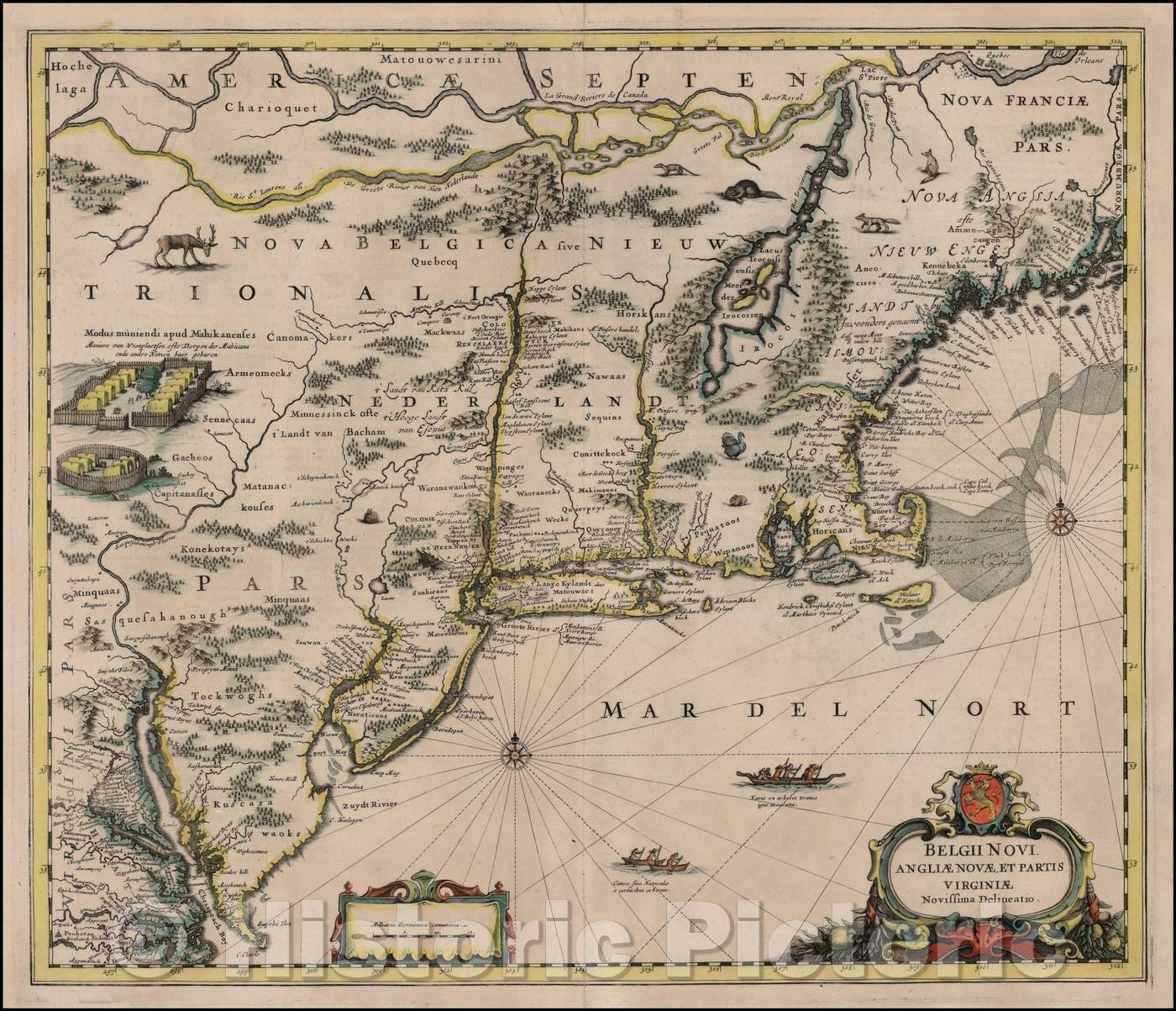 Historic Map - Belgii Novi Angliae Novae et Partis Virginiae Novissima Delineatio/Part of Virginia, New England and the Netherlands, New Brazil Brazil, 1650 - Vintage Wall Art