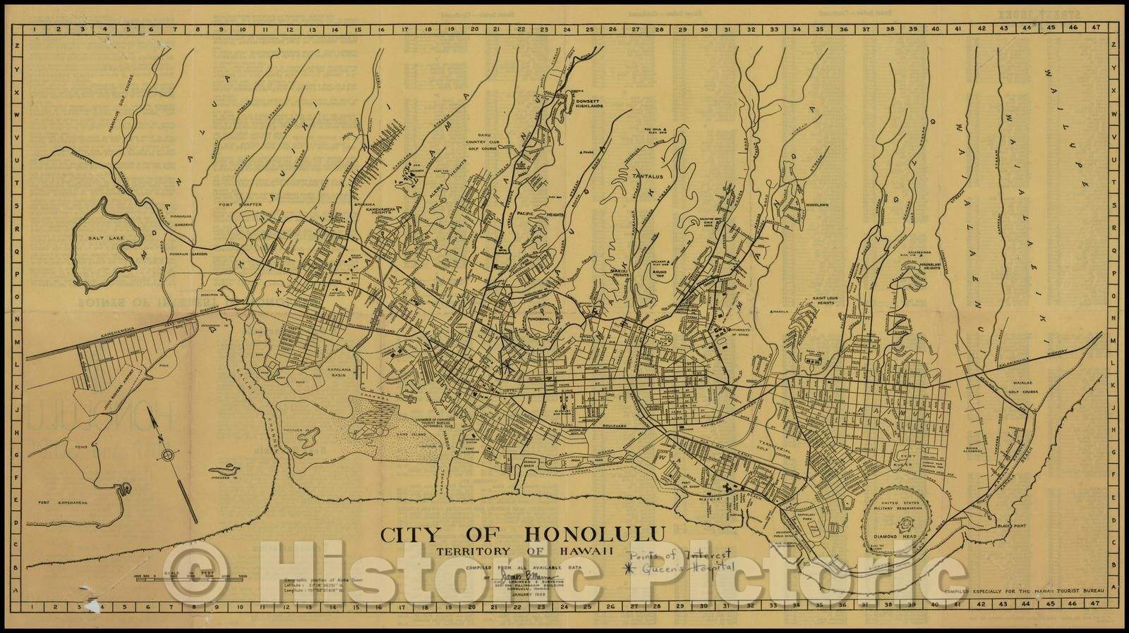 Historic Map - City of Honolulu. Territory of Hawaii, 1939, Hawaii Tourist Bureau - Vintage Wall Art