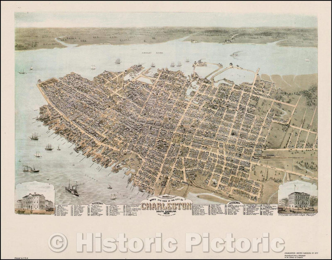 Historic Map - Birdseye View of the City of Charleston South Carolina (Reproduction), 1872, Currier - Vintage Wall Art