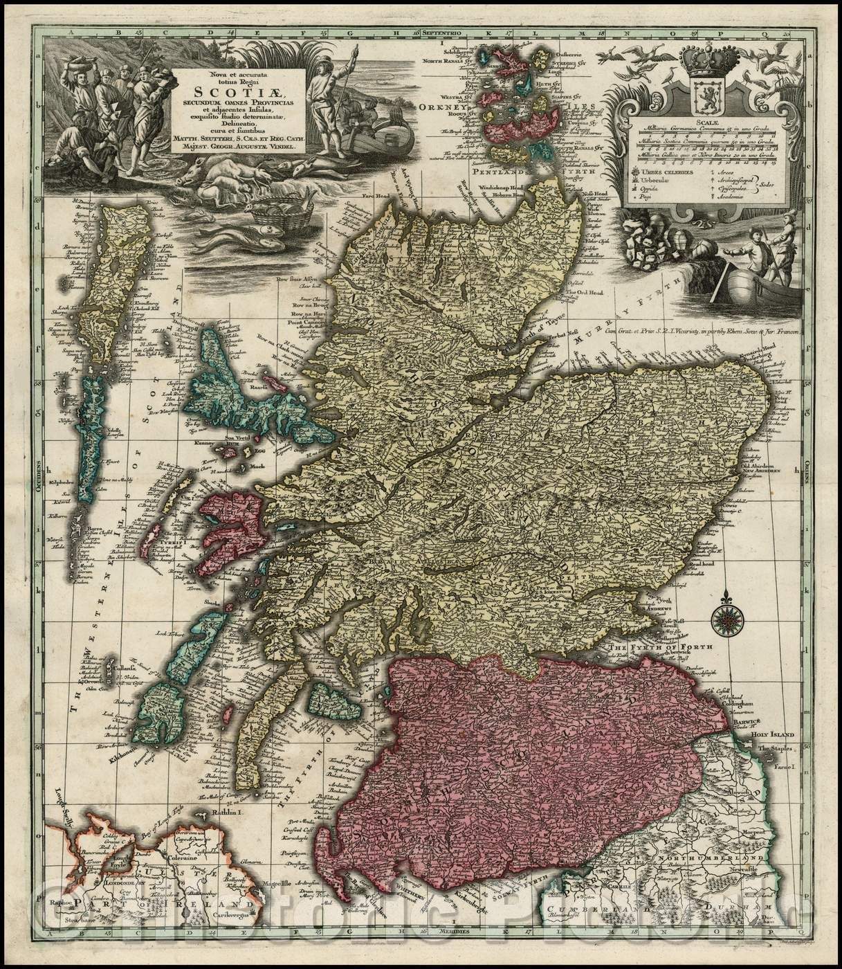 Historic Map - Nova et accurata totius Regni Scotiae Secundum Omnes Provincias et adjacentes Insulas, exquisito studio determinatae :: Scotland, Seutter, 1740 - Vintage Wall Art