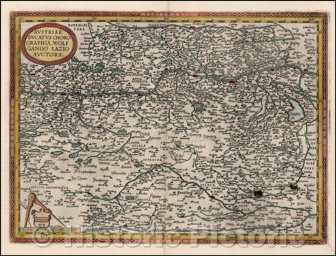 Historic Map - Austriae Ducatus Chorographia Wolfgango Lazio Auctore :: Austria and Hungary, following the Danube from Lintz to Bratislava, 1587 - Vintage Wall Art