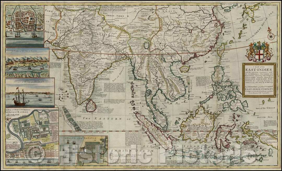 Historic Map - East-Indies and the Adjacent Countries; with the Settlements, Factories and Territories, explaining what Belongs to England, Spain, Franc, 1719 v1