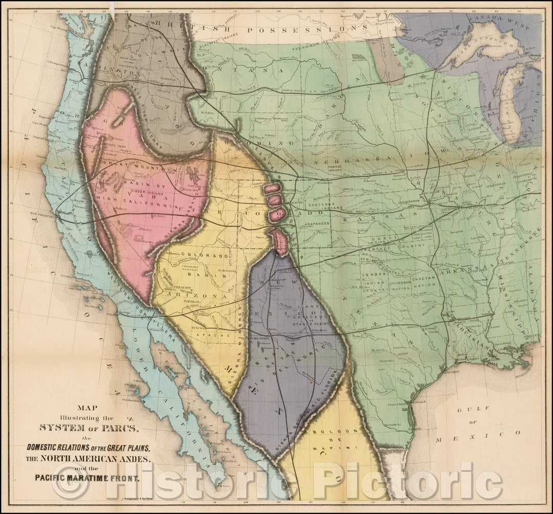 Historic Map - Map Illustrating The System of Parcs, the Domestic Relations of the Great Plains, The North American Andes and the Pacific Maritime Front, 1873 - Vintage Wall Art