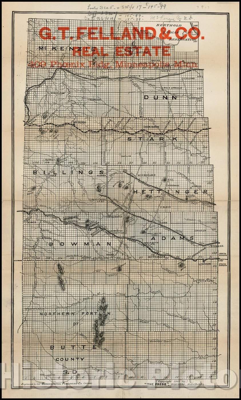 Historic Map - Billings, Stark, Bowman, Hettinger, Dunn, MacKenzie and Butte Counties (GT Felland & Co. Real Estate Map of Part of North Dakota), 1907 - Vintage Wall Art