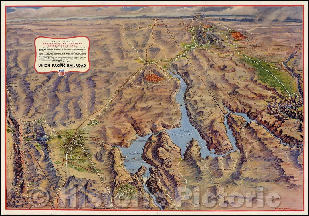 Historic Map - Panoramic Perspective of the Area Adjacent to Hoover Dam and Lake Mead Recreational Area, 1948, Union Pacific Railroad Company - Vintage Wall Art