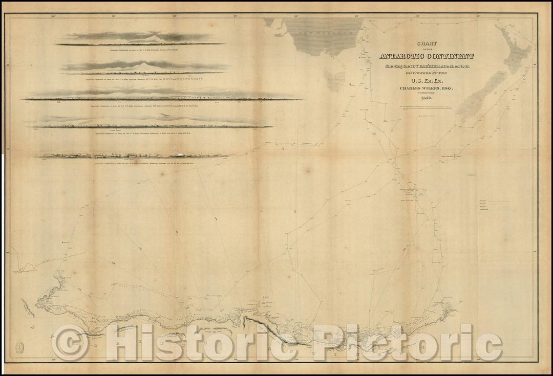 Historic Map - Chart of the Antarctic Continent Shewing the Icy Barrier Attached to it, 1845, Charles Wilkes - Vintage Wall Art