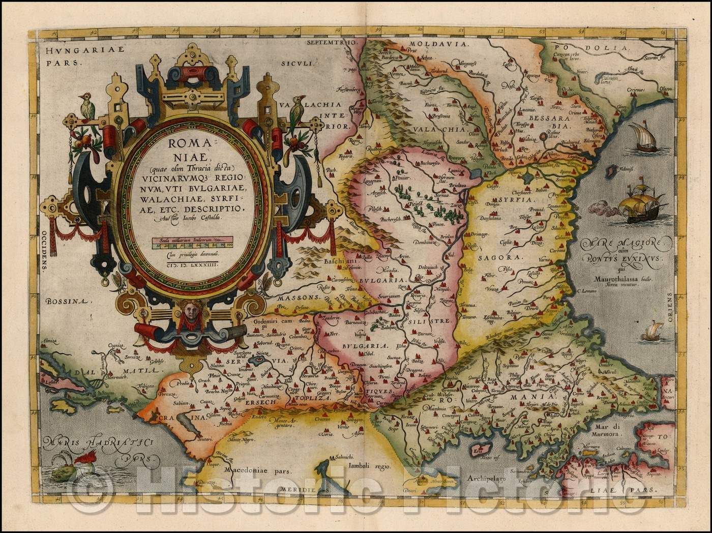 Historic Map - Romaniae, (quae olim Thracia dicta) Vicinarumque Regionum, Uti Bulgariae, Walachiae, Syrfiae :: Ortelius' of Romania and contiguous Regions, 1584 - Vintage Wall Art