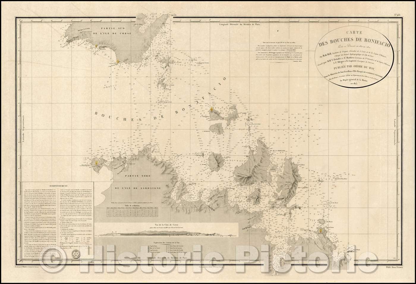 Historic Map - Carte Des Bouches De Bonifacio Levee a Dressee en 1821 et 1822 Par M. De Hell/Map of channel between the Islands of Corsica and Sardinia, 1823 - Vintage Wall Art