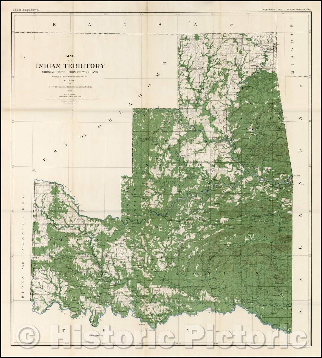 Historic Map - Map of Indian Territory, Showing Distribution of Woodland, 1899, U.S. Geological Survey - Vintage Wall Art