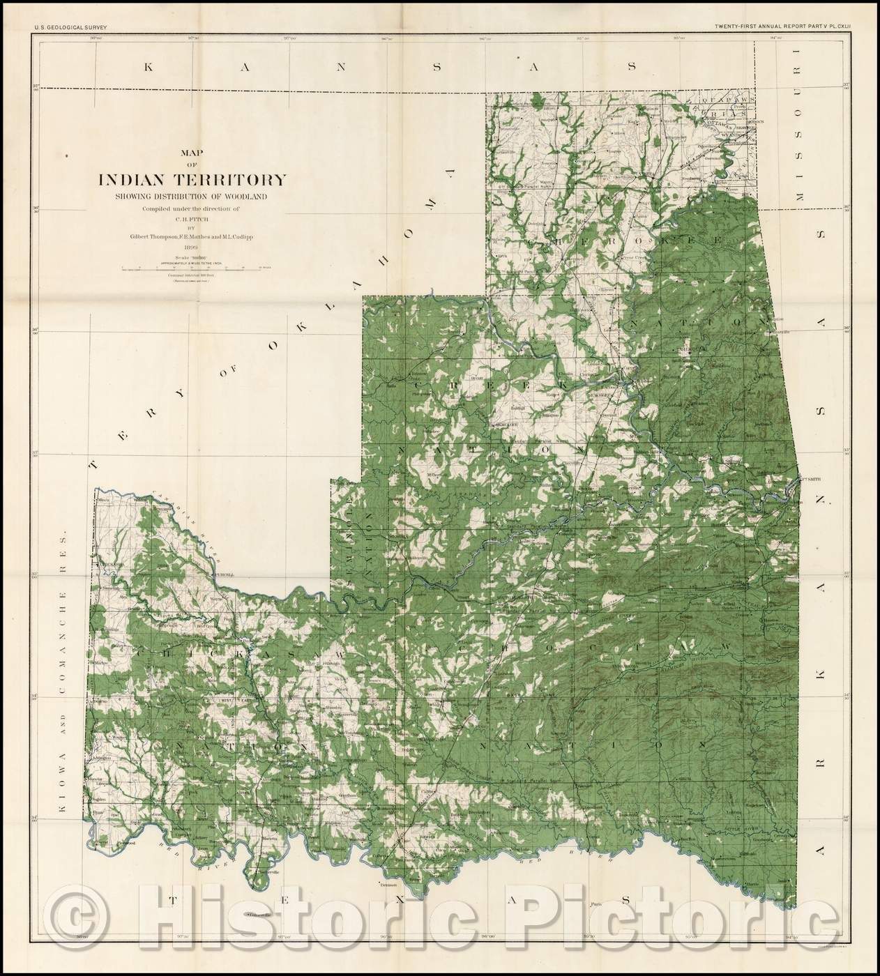 Historic Map - Map of Indian Territory, Showing Distribution of Woodland, 1899, U.S. Geological Survey - Vintage Wall Art