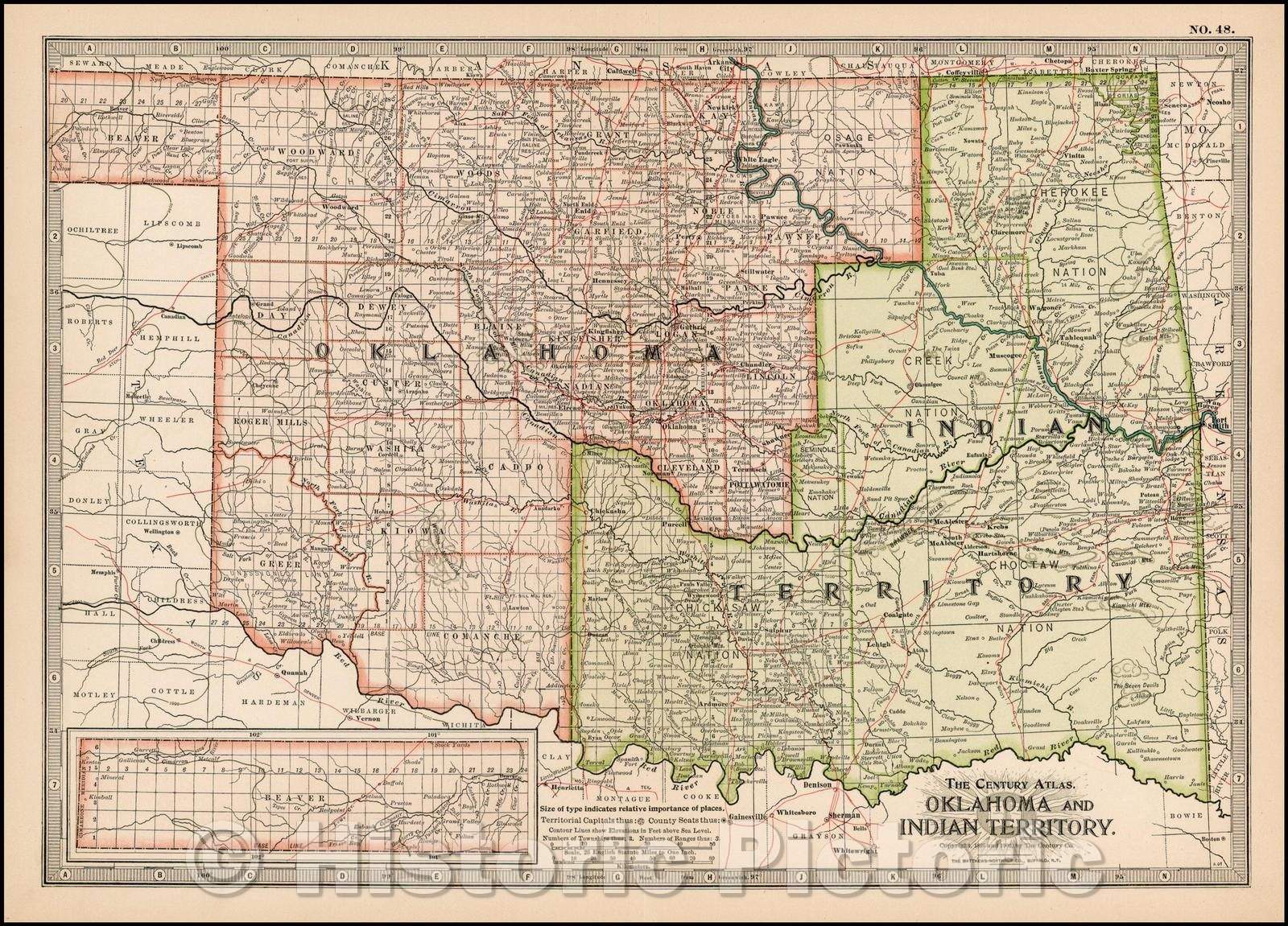 Historic Map - Oklahoma and Indian Territory, 1897, The Century Company - Vintage Wall Art