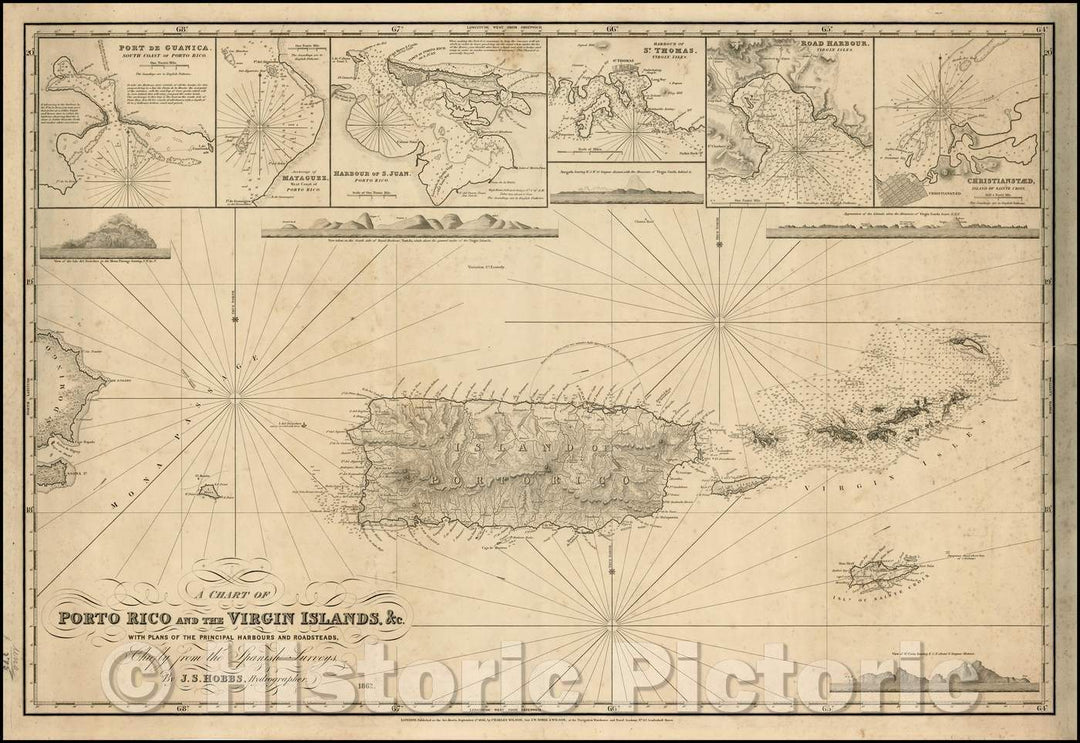 Historic Map - A Chart of Porto Rico and the Virgin Islands, With Plans of the Principal Harbours and Roadsteads, Chiefly from the Spanish Surveys, 1862 - Vintage Wall Art