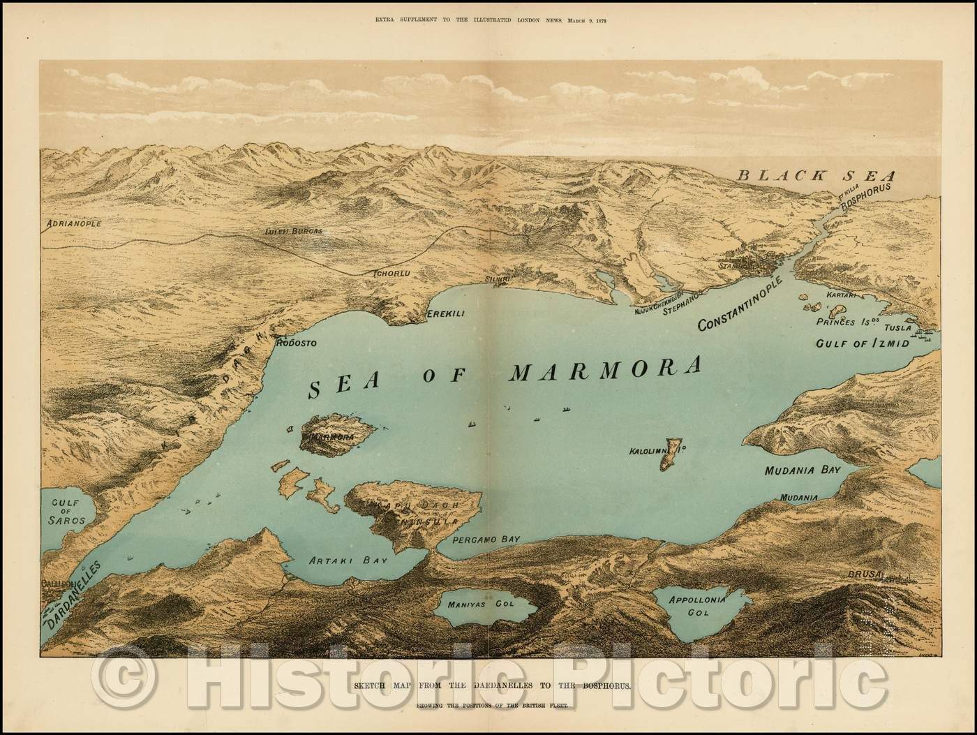 Historic Map - Sketch Map From the Dardanelles To the Bosphorus. Showing The Positions of the British Fleet, 1878, Illustrated London News - Vintage Wall Art