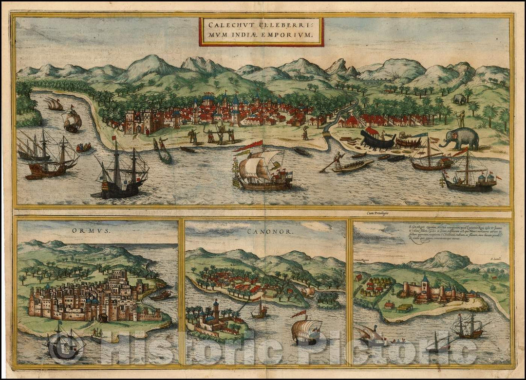 Historic Map - Calechut Celeberrimum Indiae Emporium/Ormus/Canonor/Group of 4 city Views, Africa to the trading Regions of East, 1572, Georg Braun - Vintage Wall Art