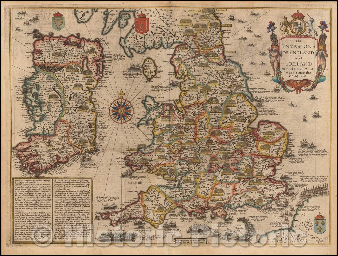 Historic Map - The Invasions of England and Ireland with al their Civill Wars Since the Conquest, 1651, John Speed - Vintage Wall Art