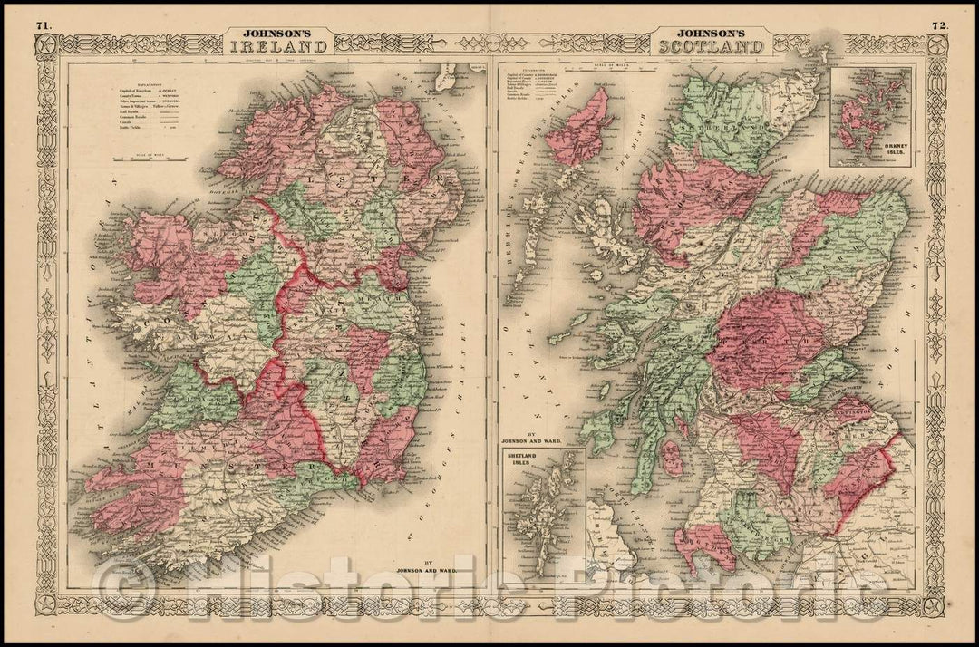 Historic Map - Johnson's Ireland [with] Johnson's Scotland, 1864, Benjamin Ward - Vintage Wall Art