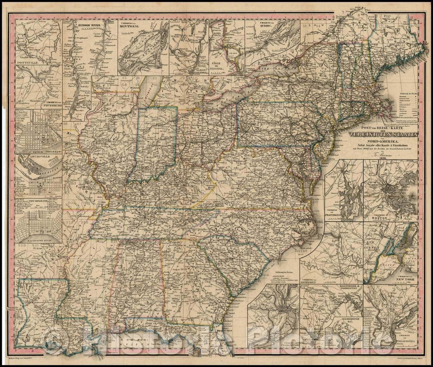 Historic Map - Post und Reise-Karte von Vereinigten Staaten Von Nord-America/Post and travel map of the United States Of North America, 1836, Traugott Bromme - Vintage Wall Art