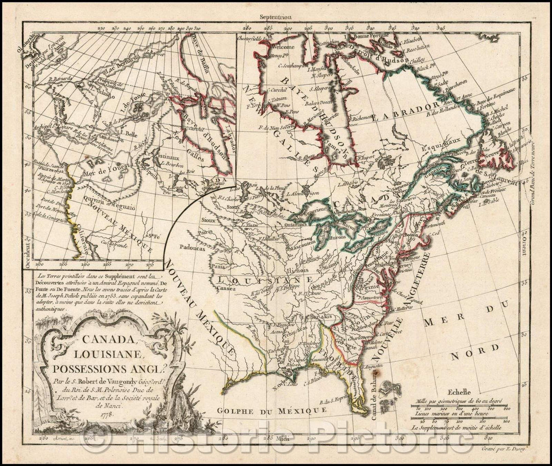 Historic Map - Canada, Louisiane, Possessions Angl? Pars Robert de Vaugondy, 1778, Charles Francois Delamarche - Vintage Wall Art