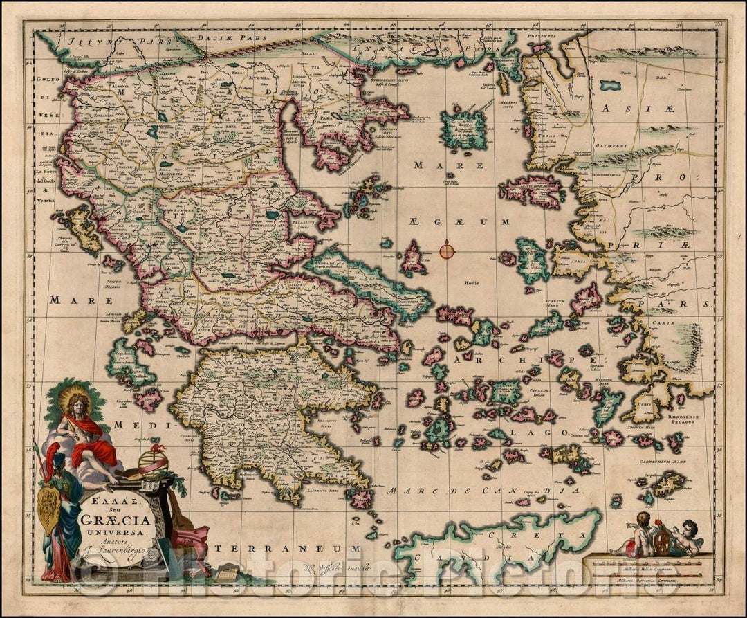 Historic Map - Hellas Seu Graecia Universa Auctore J. Saurenbergio/All of Hellas or Greece By J. Saurenbergio, 1680, Nicolaes Visscher I - Vintage Wall Art