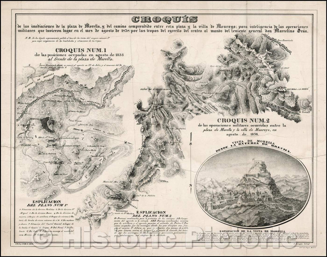 Historic Map - Croquis de las imediciones [sic] de la plaza de Morella, Two battle Plans of the second siege of Morella, during the Spanish Civil War, 1839 - Vintage Wall Art