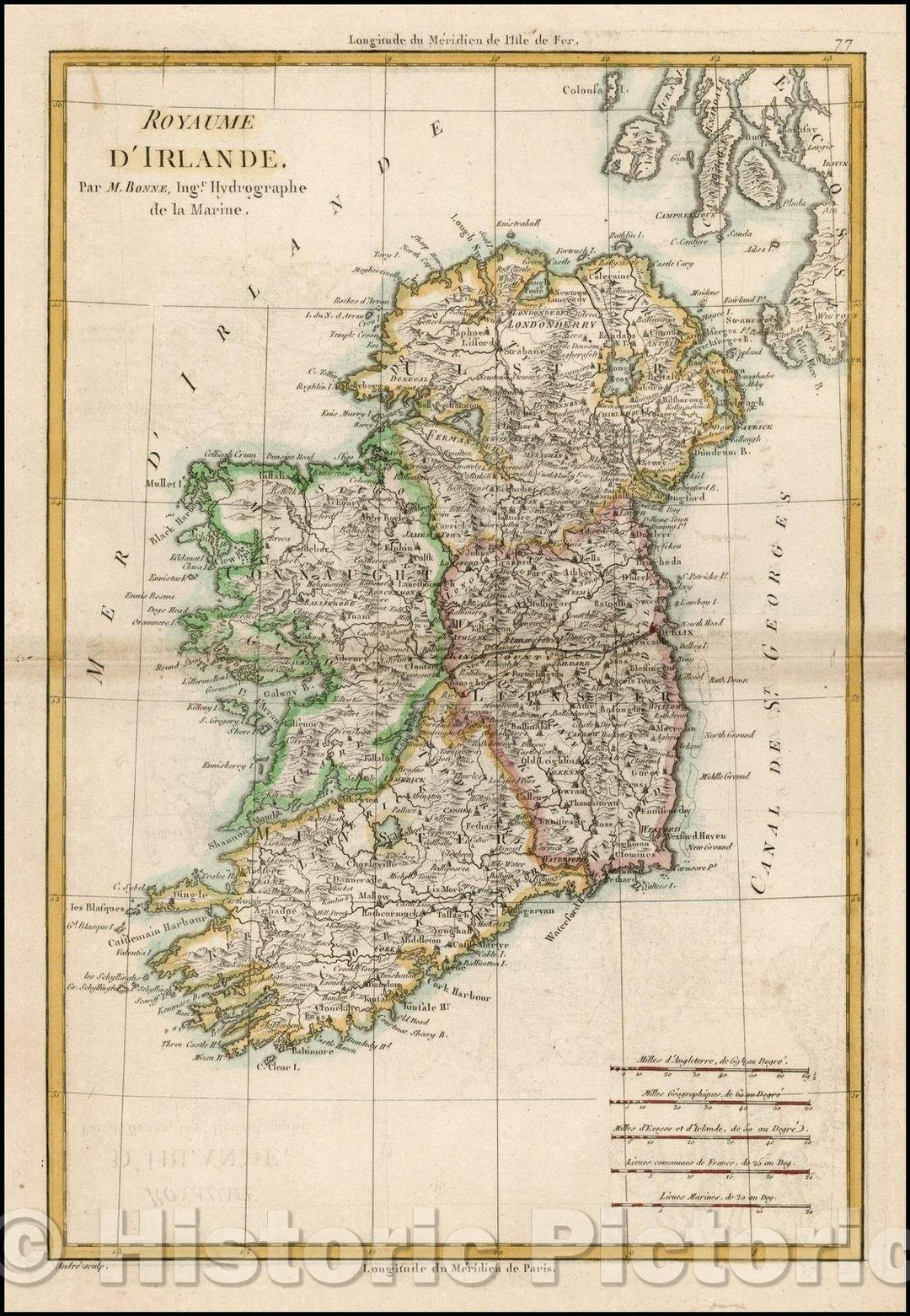 Historic Map - Royaume D'Irlande/Kingdom Of Ireland, 1787, Rigobert Bonne - Vintage Wall Art