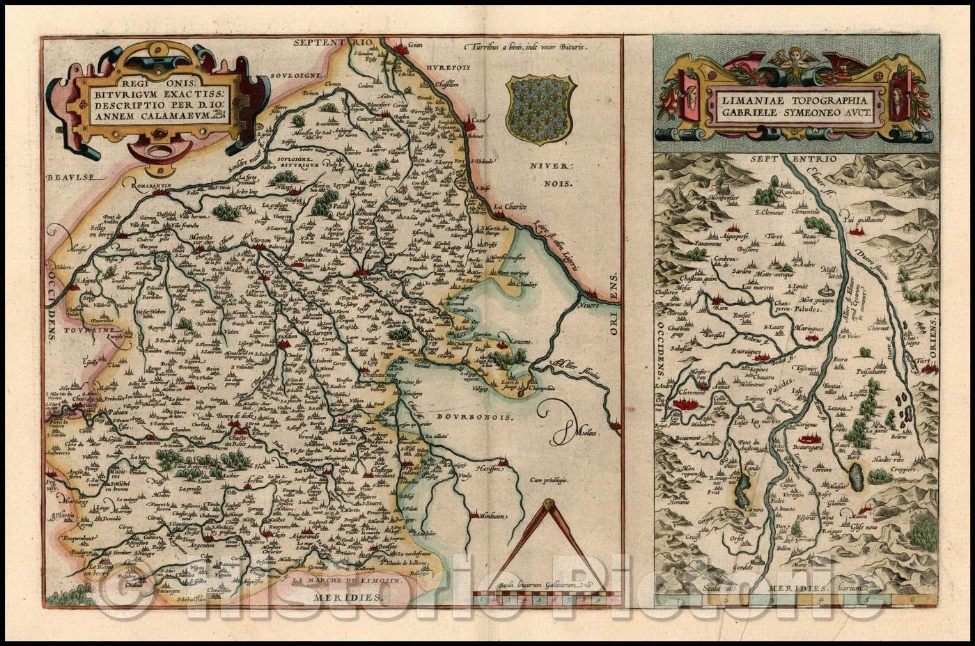 Historic Map - Regionis Biturigum Exactiss: Descriptio Per D. Ioannem Calamaeum [with] :: The country marches Exactiss: Description, 1587 - Vintage Wall Art