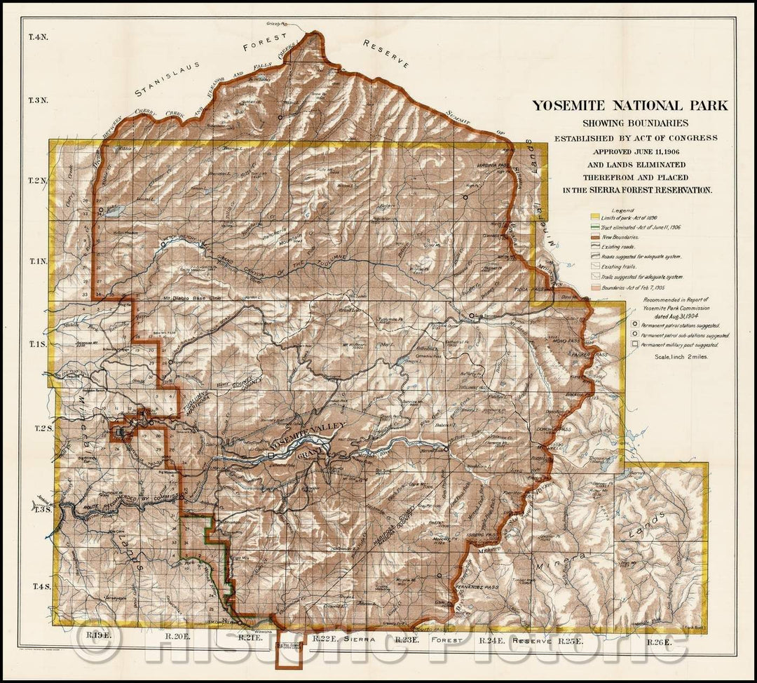 Historic Map - Yosemite National Park Showing Boundaries Established, 1906, United States Department of the Interior - Vintage Wall Art