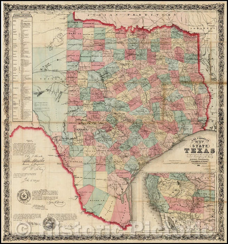 Historic Map - J. De Cordova's Map of the State of Texas, 1861, Jacob De Cordova - Vintage Wall Art