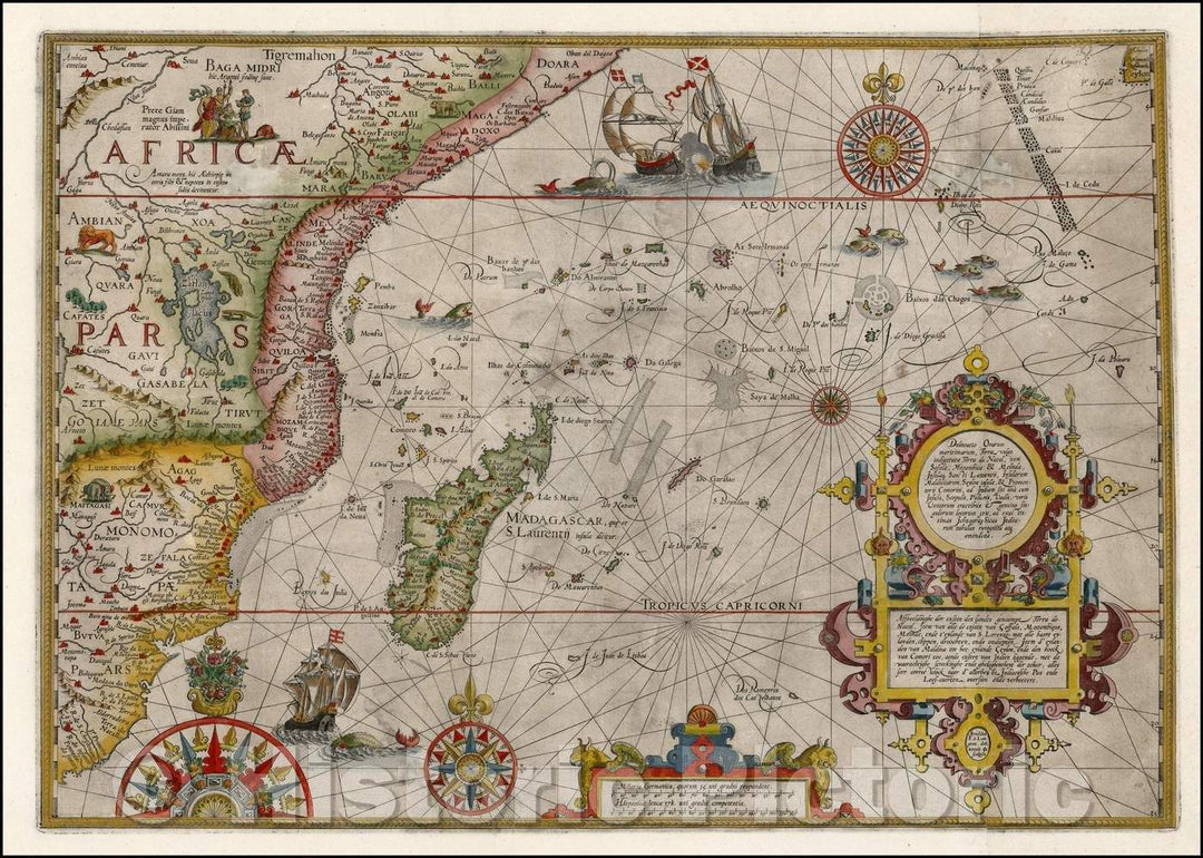 Historic Map - Delineatio Orarum Maritimarum, Terrae vulgo Indigetatae Terra do/Linschoten's Map of Eastern Africa, Van Langren brothers, 1596 - Vintage Wall Art