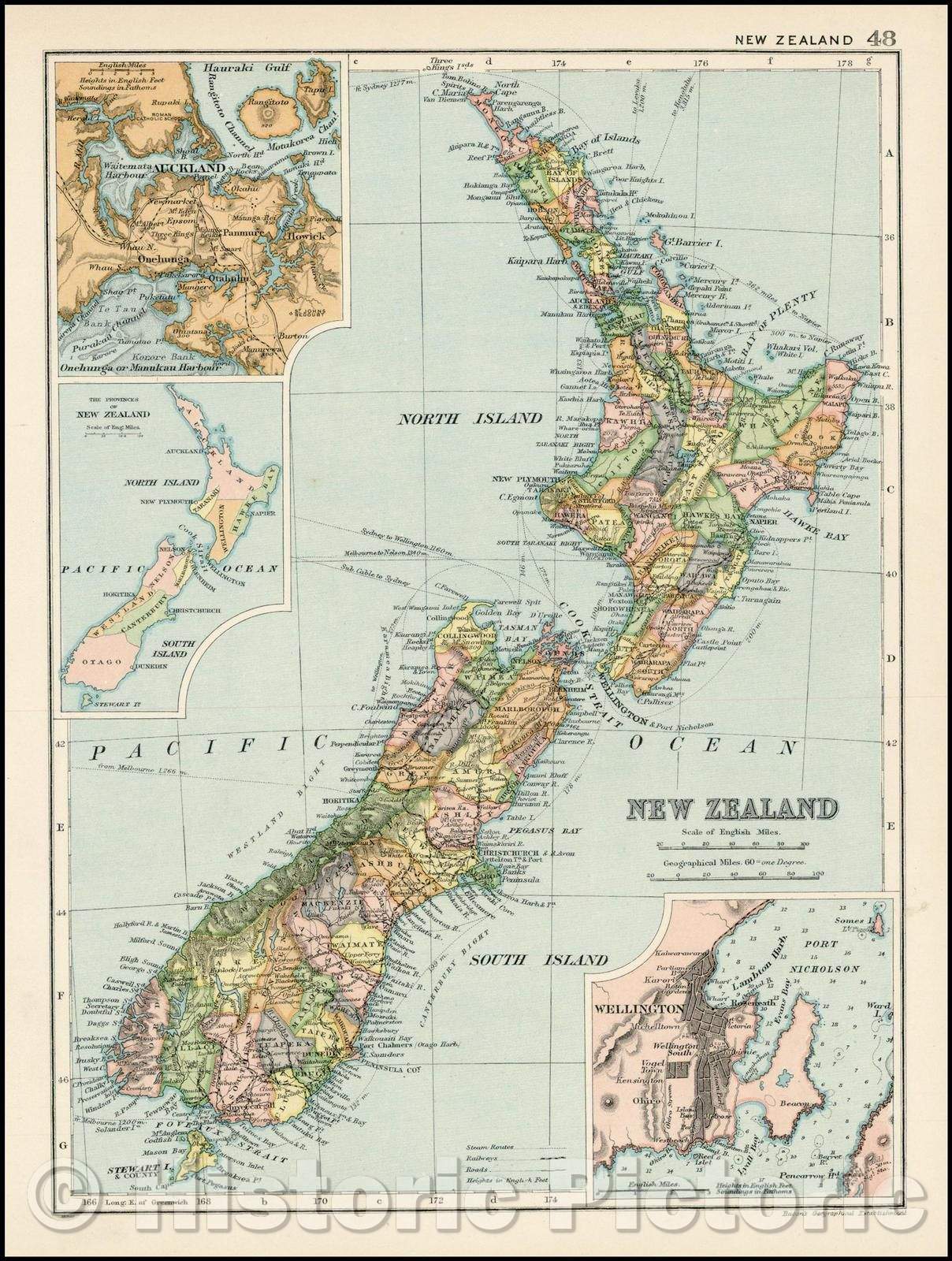 Historic Map - New Zealand (with insets of Auckland and Wellington), 1898, Bacon & Co. - Vintage Wall Art