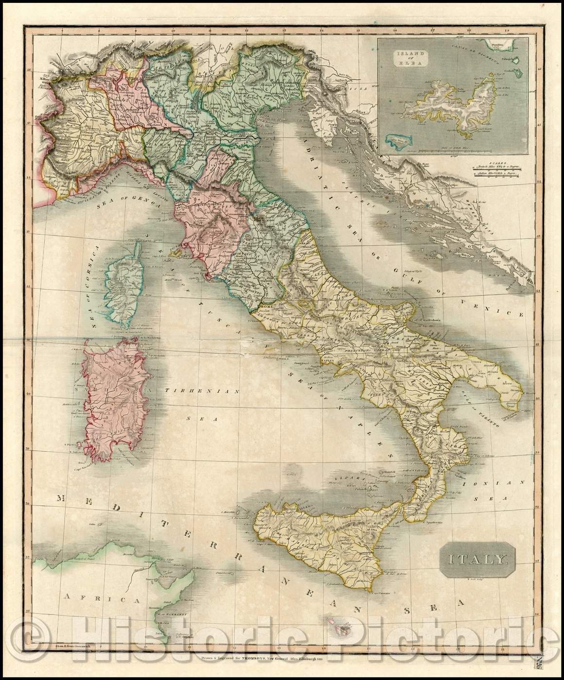 Historic Map - Italy [includes Elba, Malta, Sicily, Sardinia & Corsica], 1814, John Thomson - Vintage Wall Art