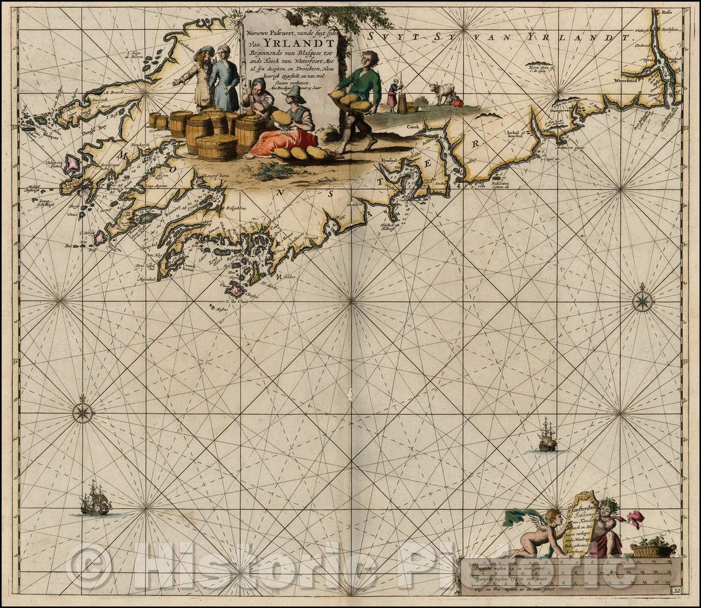 Historic Map - Nieuwe Pascaert, vande Suyt Syde van Yrlandt Beginnende van Blasques/Sea Chart of the southern coast of Ireland, 1681, Johannes Van Keulen - Vintage Wall Art