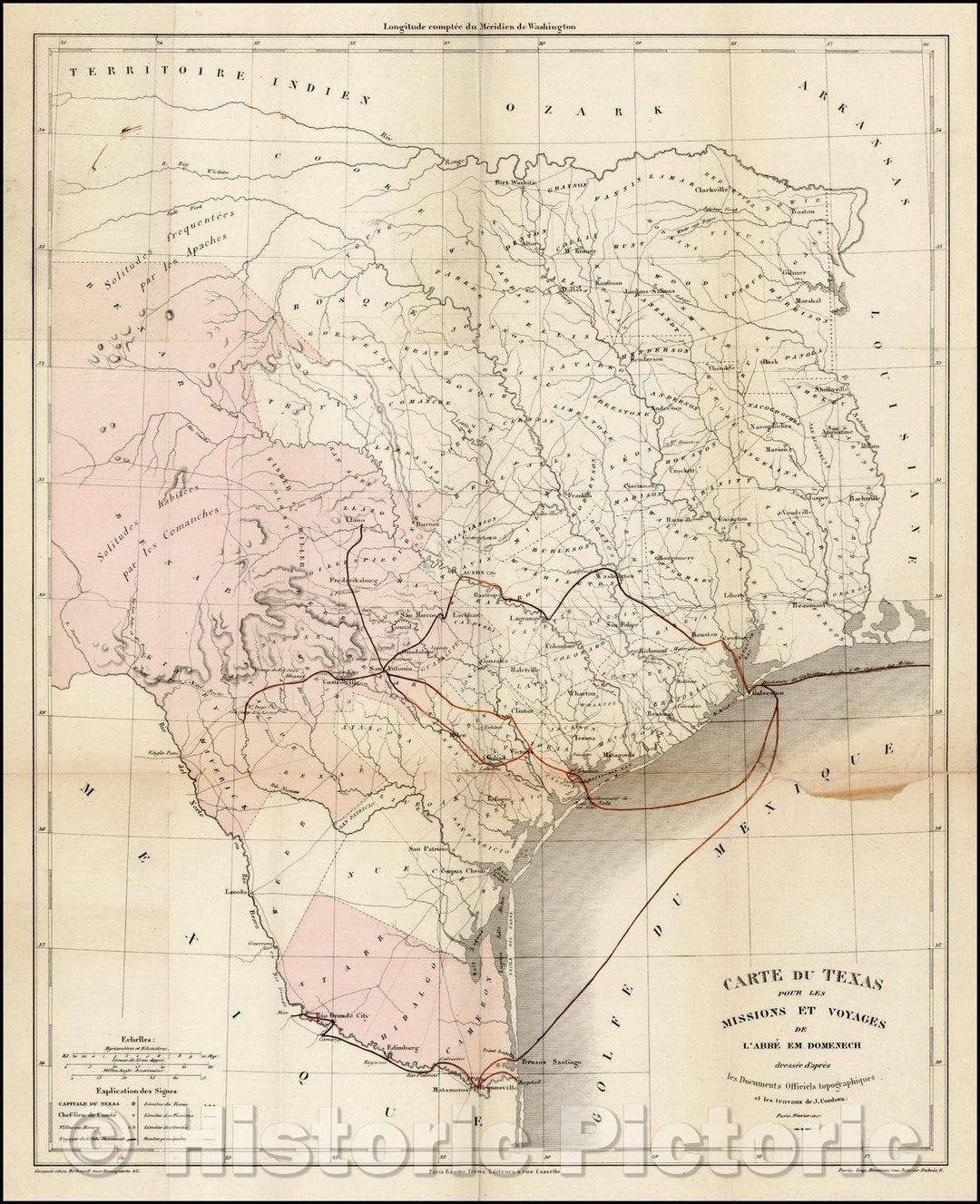 Historic Map - Carte Du Texas Pour Les Missions Et Voyages Due L'Abbe E.M. Domench dressee d :: Texas, journal of the travels of Abbe Emmanuel Domenech, 1857 - Vintage Wall Art