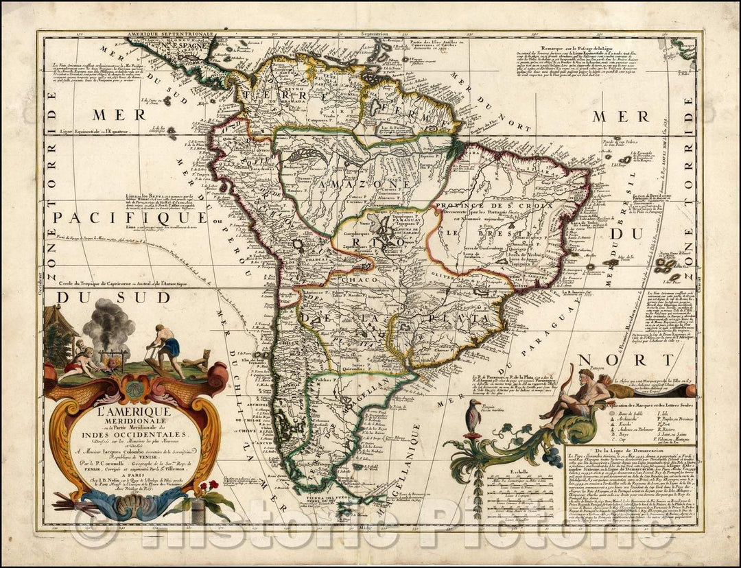 Historic Map - L'Amerique Meridionale ou la Partie Meridionale de Indes Occidentales Dressee sur les Memoires :: Color example of Nolin's of South America, 1689 - Vintage Wall Art