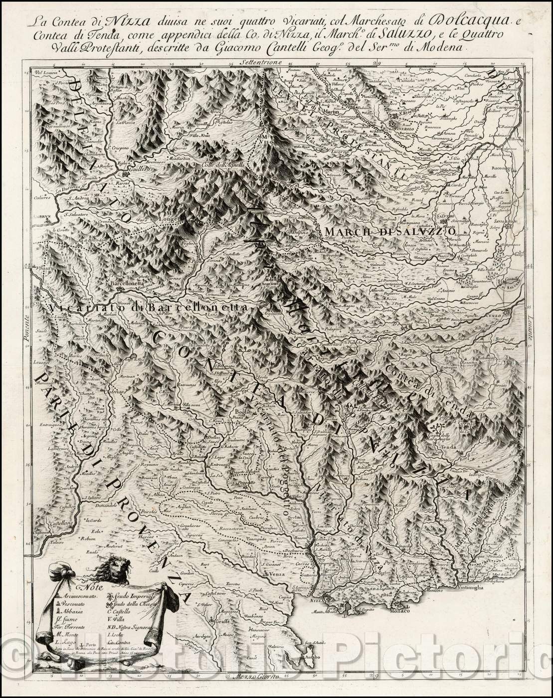 Historic Map - La Contea di Nizza divisa ne suoi quattro Vicariati/Map of the area from Antibes, Nice, Monaco and Vintimiglia on the Mediterranean, 1691 - Vintage Wall Art