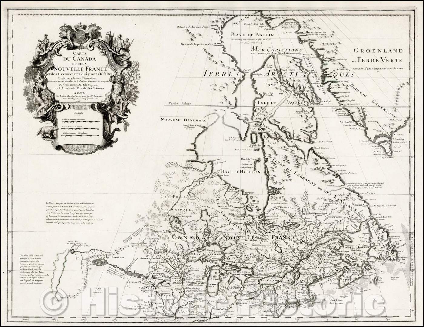 Historic Map - Carte Du Canada ou de la Nouvelle France et des Decouvertes qui y ont ete :: De L'Isle's seminal of Canada, the Great Lakes and Upper Midwest, 1703 - Vintage Wall Art