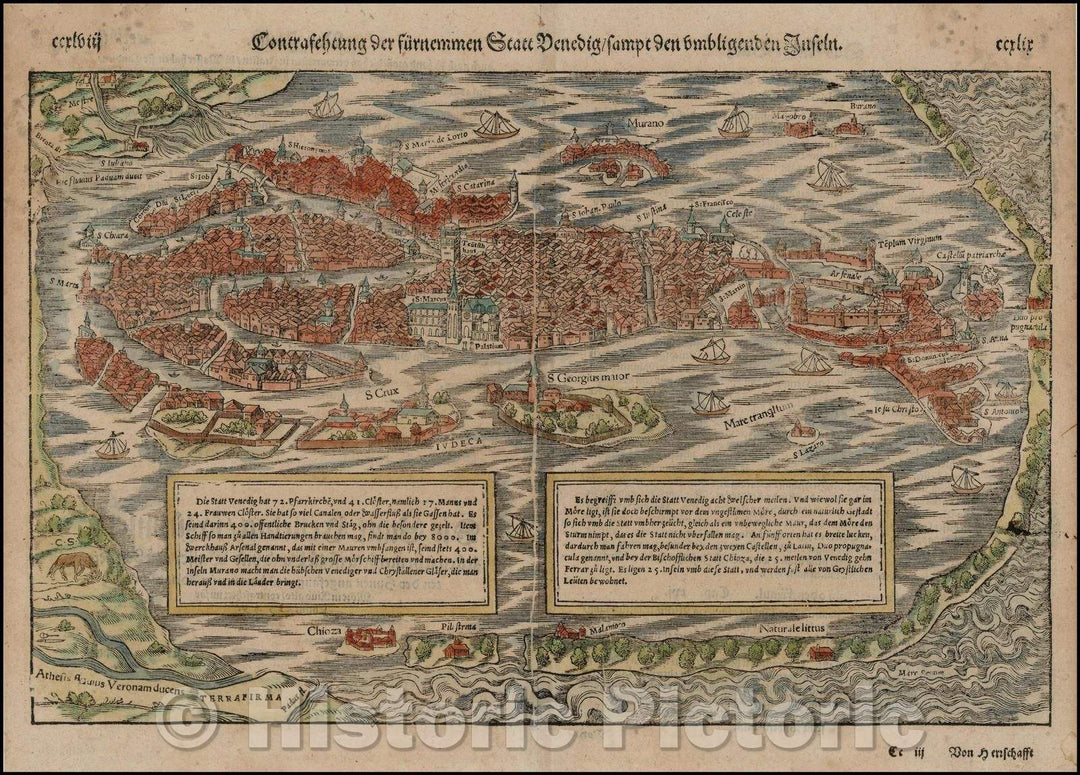 Historic Map - Contrasehtung der f?rnemen Statt Venedig/sammt den umliigneden Inseln [Venice] / Munster's View of Venice, 1579, Sebastian M?nster - Vintage Wall Art