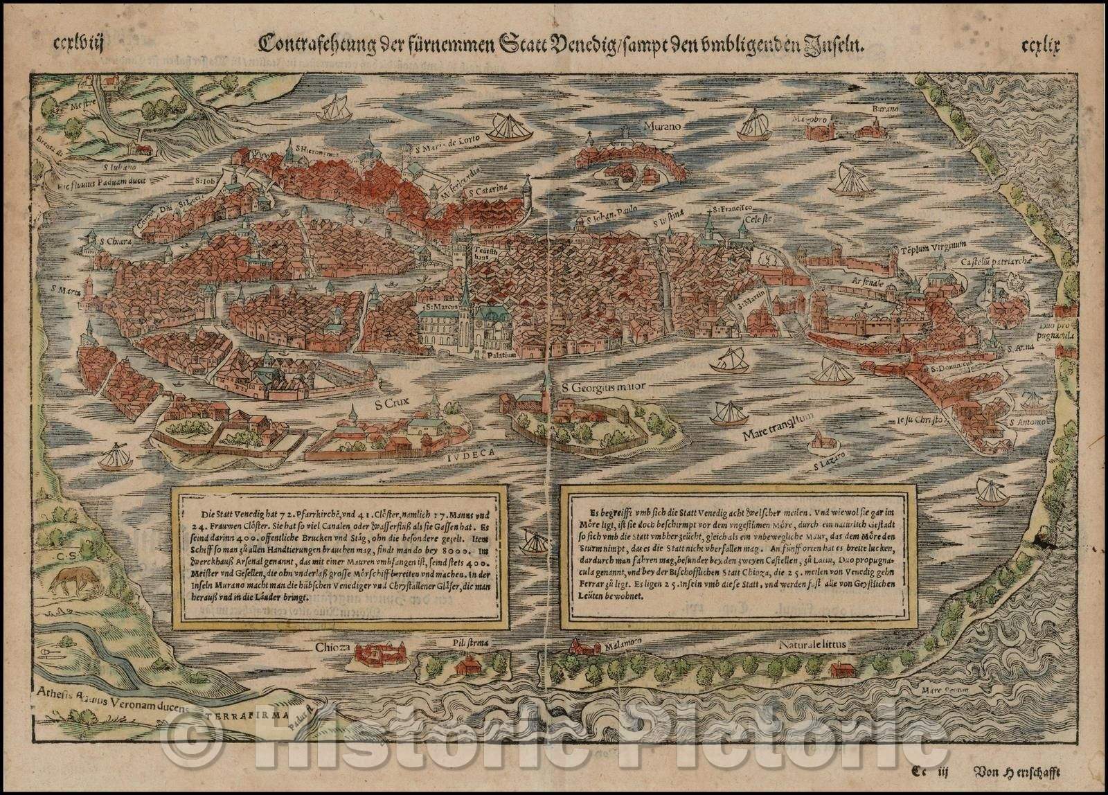 Historic Map - Contrasehtung der f?rnemen Statt Venedig/sammt den umliigneden Inseln [Venice] / Munster's View of Venice, 1579, Sebastian M?nster - Vintage Wall Art