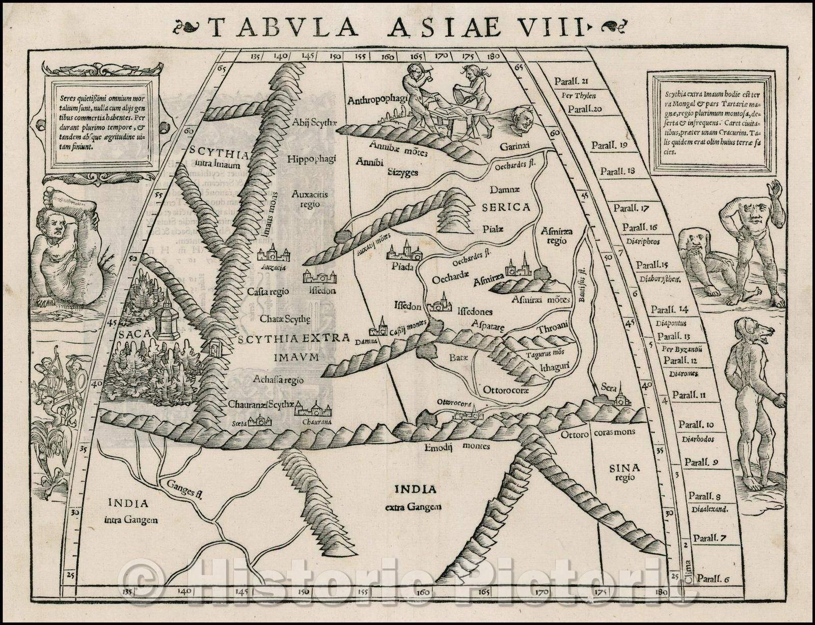 Historic Map - Tabula Asiae VIII [India & Central Asia with Monsters and Anthropomorphs], 1542, Sebastian M?nster - Vintage Wall Art