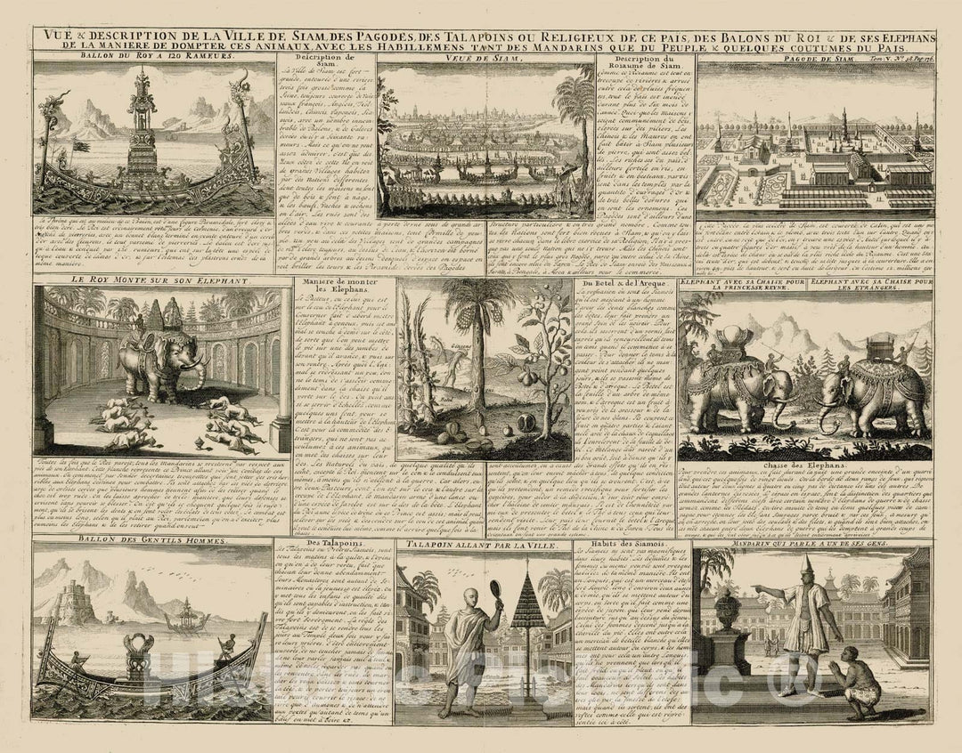 Historic Map - Vue & description de la ville de Siam, des Pagodes, des Tal/Set of 9 indigenous Views of Thailand, from Chatelain's Atlas Historique, 1711 - Vintage Wall Art