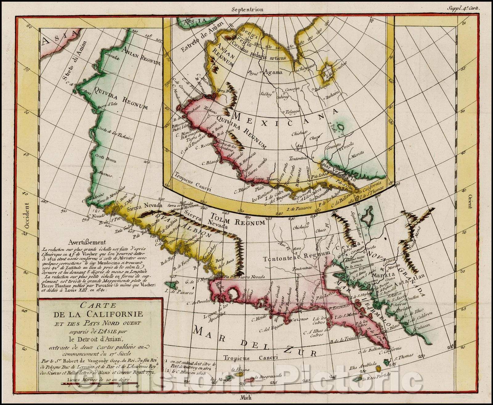 Historic Map - Carte De La Californie Et Des Pays Nord Ouest separes de L'Asie par le Detroit d'Anian, 1772, Denis Diderot v2