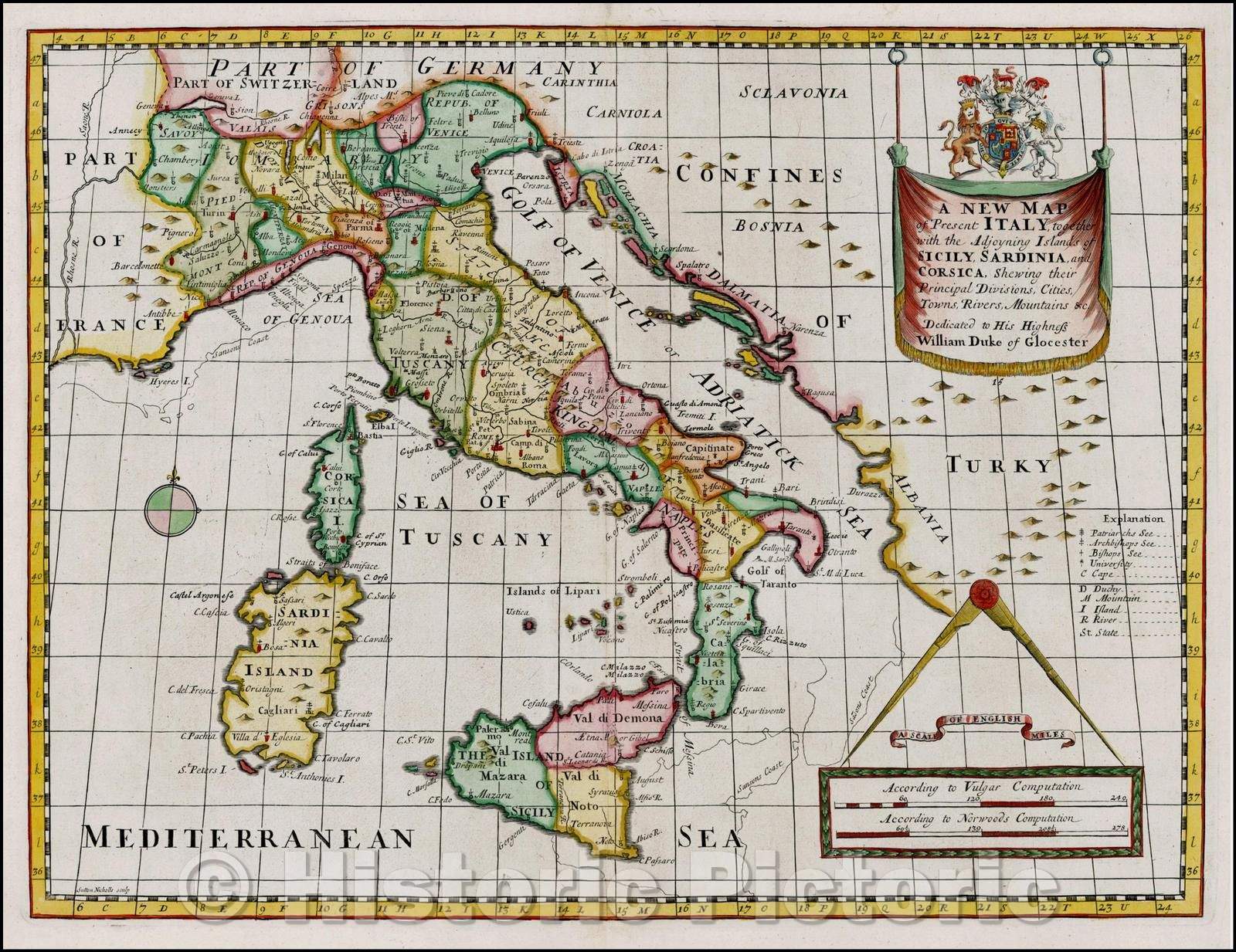 Historic Map - Present Italy, together with the Adjoyning Islands of Sicily, Sardinia and Corsica, Shewing thier Principal Divisions, Cities, Towns, Riv, 1700 - Vintage Wall Art