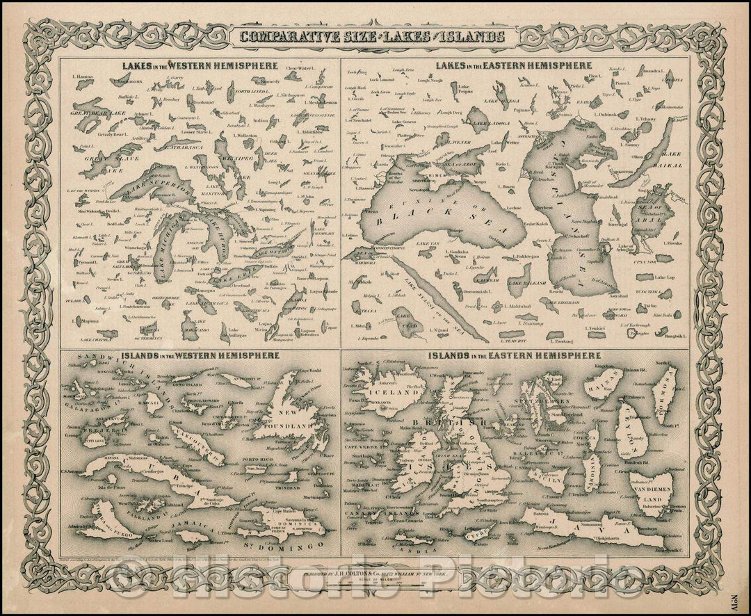 Historic Map - Comparative Size of Lakes and Islands [Great Lakes, Cuba, Formosa, Ireland, Sicily, Cyprus, Vancouver, Sandwich Islands, Puerto Rico, Corsica, 1855 v1